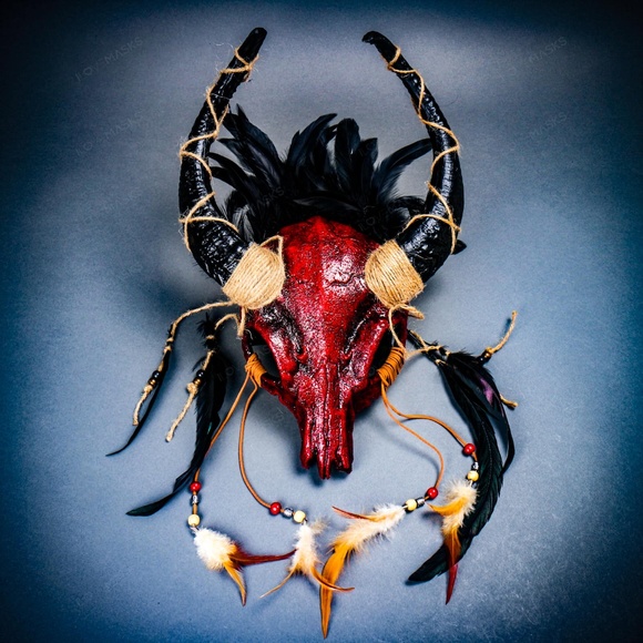 Halloween Red Skull Feather Mask Antelope Horns - Picture 4 of 8
